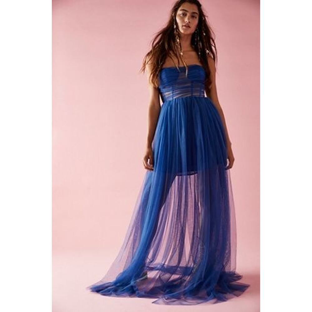 New Free People SAU LEE Bella Gown $510 Size 2 Blue Edgy Strapless Maxi Dress